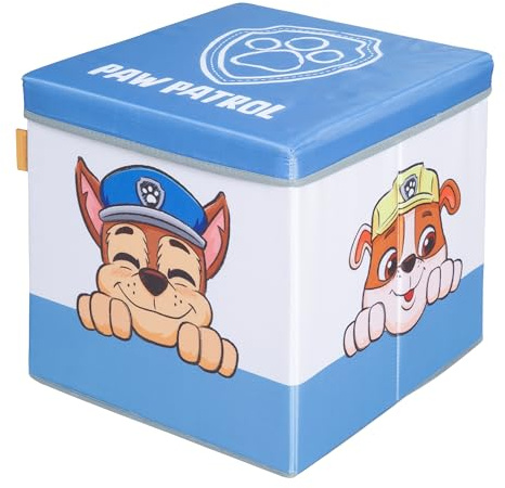 roba Scatola Pieghevole per Sedersi e Conservare Paw Patrol - Motivi dei Cani della Serie Popolare - Utilizzabile come Sgabello per Bambini - Blu/Bianco