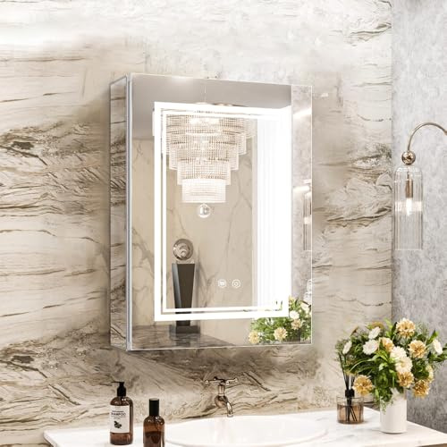 Janboe High-End Led Mirror Cabinet,Lighted Mirror Cabinet,3 Colors&Dimmable,Demister,Lighted Glass Shelf,USB Shaver Socket,Surface Mount or Recess Mount,41×61cm