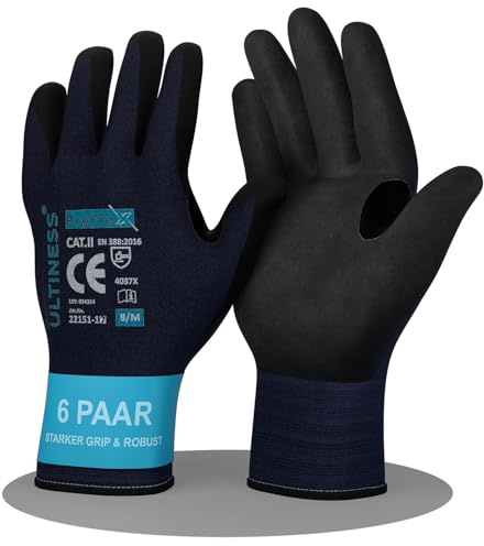 Ultiness ProFlex Arbeitshandschuhe Herren & Damen (6 Paar), 8 - M | Gartenhandschuhe & Montagehandschuhe, Handschuhe Nitril, Handschuhe Arbeit, atmungsaktiv für Handwerker, Feinmechaniker