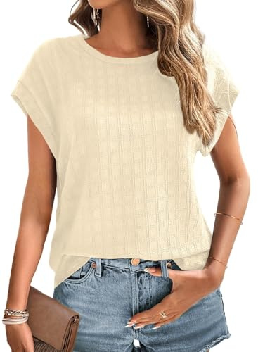 Chicrise Camiseta Mujer Manga Corta Cuello Redondo Casual Color Sólido Tshirt Manga De Murciélago Punto Transpirable Top Beige Grande 42-44