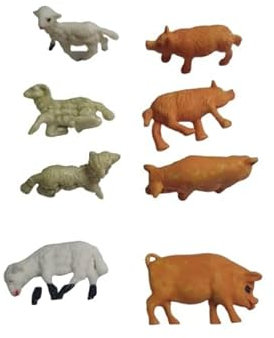 BLUSUPERSHOP 8 Kunststofftiere 4 Schafe 3,5 cm lang, 4 Schweine 4 cm lang für Schäfer 7 8 10 cm Krippe Kunststoff