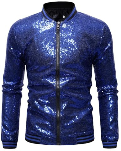 DUHENWU Herren Pailletten Bomberjacken 70Er Langarm Disco Party Kostüm Glänzend Metallic Oberteil Karneval Kostüm Für Mottoparty Nachtclub Fasching Blousonjacke Regular Fit Bequeme Sportjacke