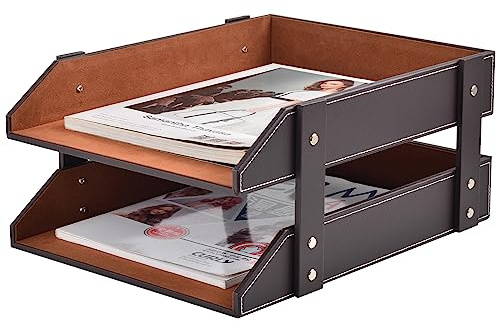XNONE Briefablage aus Leder, stapelbar, Schreibtischablage, Bürobedarf, Ablage für Dokumente, Schreibwaren, Zeitschriften, Zeitungen, Briefe, perfekte Büroorganisation für den Schreibtisch (Braun, 2