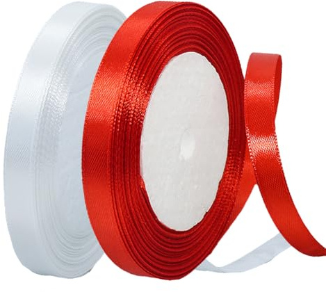 2 Rollen Satinband 10mm Breit Weiß, Geschenkband Weiss und Rotes Schleifenband Stoff Satinbänder für Blumensträuße, Geschenkverpackung, Weihnachten, Hochzeit und DIY Kunsthandwerk