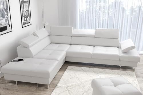 Divano angolare Galaxy 225 x 280 cm in vera pelle – Divano in pelle con funzione sleep e cassetta, poggiatesta e braccioli regolabili, divano angolare a destra o a sinistra, design moderno (bianco