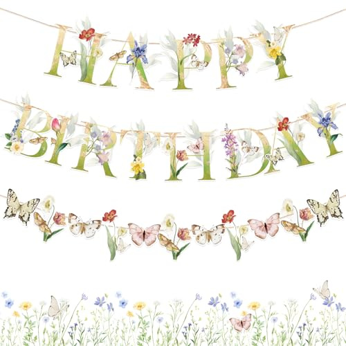 Easy Joy Wildflower Birthday Party Banner Spring Summer Floral Happy Birthday Banner Garland Floral Party Decorations Butterfly Garden Decor for Girls Women Baby Shower Wedding Tea Party