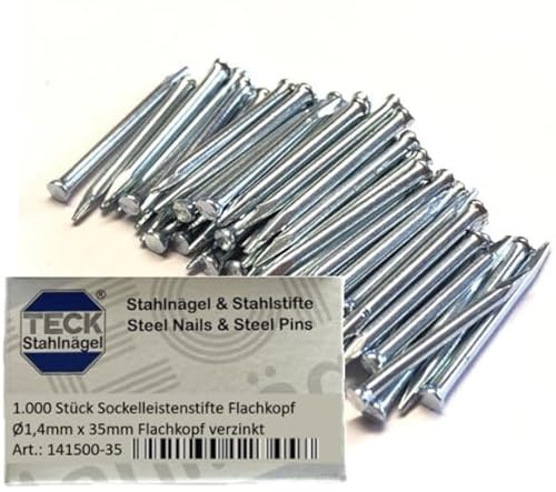 TECK Stahlnägel Stahlstifte Sockelleistenstifte 1,4 x 35 mm, Flachkopf, 1000 Stück, verzinkt | extra stark für Mauerwerk, Beton und Ziegel | in umweltfreundlicher Stülpschachtel