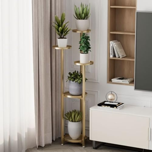 Niwugady Pflanzenständer Metall mit 5 Ebenen, Blumenständer Blumenregal Pflanzenregal Outdoor, Plant Stand Indoor Mehrstöckig für Draußen, Wohnzimmer, Balkon, Terrasse, Hof, Goldene, 120cm