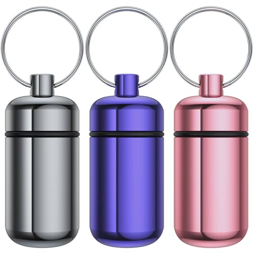 Urekt Small Pill Box,(3 Pack) Portable Keychain Pill Holder Waterproof Mini Pill Case for Purse Travel Pill Container Metal Case Keyring for Medicine Ear Plug Jewelry