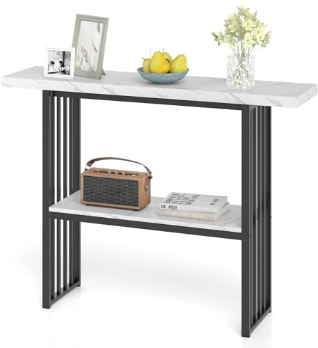 LIFEZEAL Konsolentisch Marmor, 120 cm Eingangstisch mit Metallgestell, Schmaler Flurtisch in kandinavischer Stil, Multifunktionaler Stehtisch für Wohnzimmer, Flur, Eingang (Weiß + Schwarz)