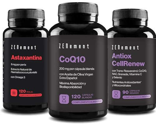 Pack Antioxidante – CoQ10 200 mg en cápsulas blandas + Antiox CellRenew con Trans‑Resveratrol, CoQ10, NAC, Granada, Vitamina C y Selenio + Astaxantina 8 mg con Omega 3