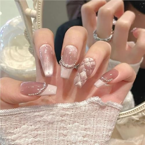 Handmade Sweet Diamond Grid Decoration Press-On Nails French Glitter Pink Cat Eye False Nails Wearable Reusable Korean Bridal False Nails(Pink,M)