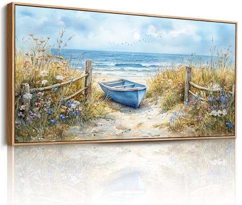 JHHUAMO Strandboot Bilder mit Rahmen Schlafzimmer Wohnzimmer 73x146 cm | Küstenwildblumen Wandbild, Hochauflösender Druck, Exquisite Handwerkskunst, Einfaches Aufhängen, Vielseitig Einsetzbar