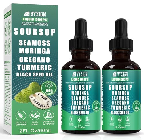 Vyxion Soursop Bitters Liquid Drops 10 in 1 with Sea Moss, Moringa, Turmeric, Black Seed Oil, Oregano, Ashwagandha | Herbal Extracts for Overall Health-Enhancing |Vegan, Non-GMO| 4 Fl Oz