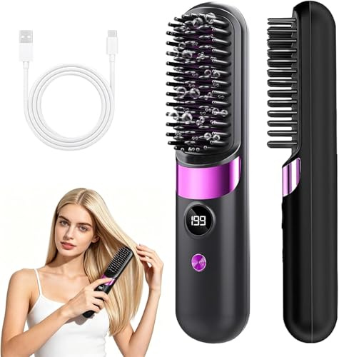 Stylingbürste für Kurze Haare, Haarbürste Elektrisch, Glättbürste Kabellos mit LED-Anzeige, 4 Temperaturstufen, Tragbar, für Glattes & Lockiges Haar – Ideal für Reisen und Alltag