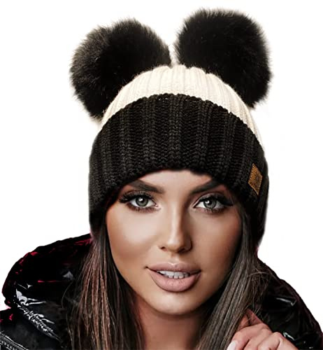 4sold Damen Wintermütze mit Zwei Pom Poms – weiche, warme Strickmütze Handmade in Polen, gefüttert mit Fleece – süße Beanie für Winter, Ski & Alltag