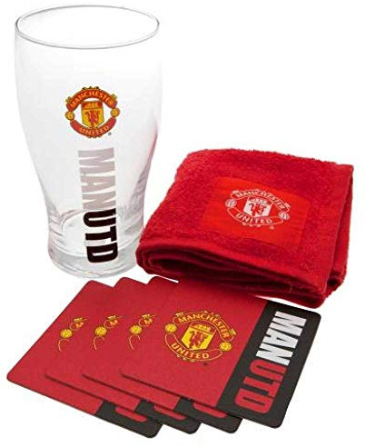 Official Manchester Utd Mini Bar Set (Pint Glass, Bar Towel & Coasters)
