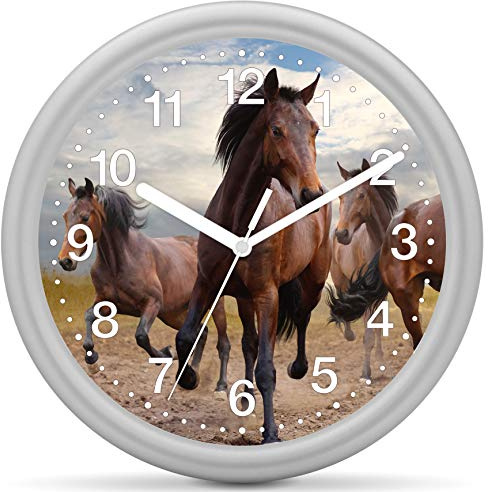 Eurotime Kvartsklocka med plastglas, 25 cm, diameter 25 cm, 12-siffrig urtavla med häst, tyst rörelse, utan kran, väggklocka för barnrum, 82206-07