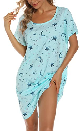 ENJOYNIGHT Nighties for Women Cotton Nightdress Short Sleeve Nightshirt | Soft Cotton Blend Fabric, Short-Sleeve Crew Neck, Cute Print Nightwear, Loose Fit Loungewear