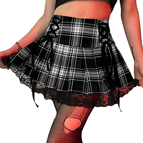 ORANDESIGNE Mini Falda Mujeres Y2k Harajuku Goth Punk Belt Bag A-Line Gothic Plisado de Cintura Alta y Baja Skater Malla Encaje a Cuadros C Negro S