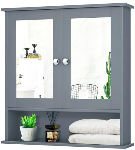 Giantex Medicine Cabinet, Bathroom Wall Cabinet with 2 Mirrored Doors, Adjustable Shelf, Open Compartment, Wall Mounted Cabinet, Over The Toilet Storage Cabinet, 22 x 5 x 23 Cupboard (Grey)