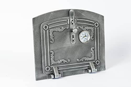SEZAM leichte Backofentür aus Gusseisen mit Thermometer 500 °C - mit Türriegel, halbrund, Pizzaofentür - Brotofentür - Steinofentür, 31,5 x 3,5 x 37 cm, silberfarben bemalt