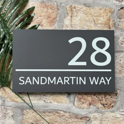 One of a Kind Design UK Personalised Contemporary House Sign 240x148mm, Personalised Address Number Plate, Matt Grey or Matt Black Acrylic, Nine Coloured Backing Available - Grey