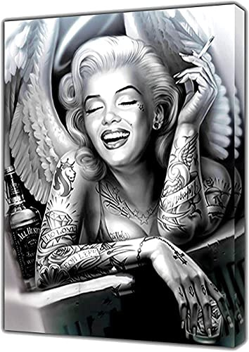 Schwarz Weiß Marilyn Monroe Angel Portrait Leinwand Gemälde Wandkunst Tattoo Rauchende Frauen Poster und Drucke Wohnkultur Bilder für Schlafzimmer, Wohnzimmer, rahmenlos,50x60cm