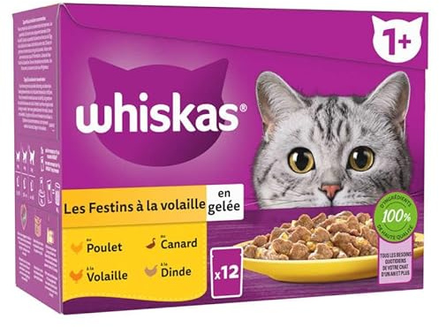WHISKAS Katzenmehl - 48 Frischbeutel (4er Pack 12 x 85g) - Geflügelmahlzeit (4 Sorten) - Futter für ausgewachsene Katzen in Gelee Nassfutter auch für sterilisierte Katzen geeignet
