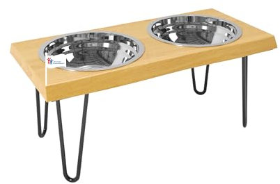 Penrose 8 Futterbar Eiche für Katzen & Hunde - Erhöhte Futterstation mit 2 Edelstahlnäpfen für Nass- & Trockenfutter, Wasser, Napfset aus Massiv-Eiche mit Metallbeinen