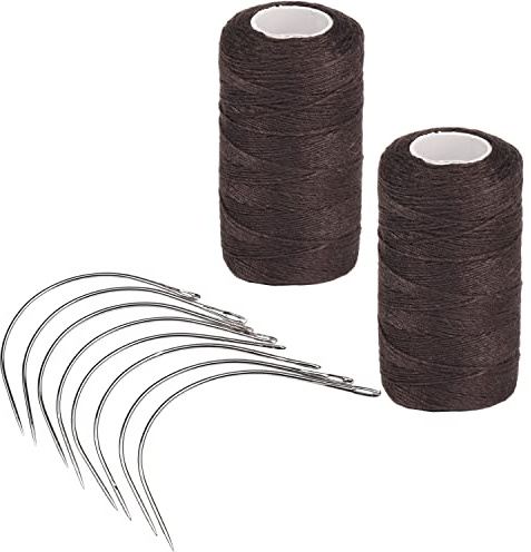 MFUOE Juego de 18 extensiones de cabello con hilo de extensión de cabello y agujas tipo curva C para tejer, costura, decoración, extensiones de cabello (marrón)
