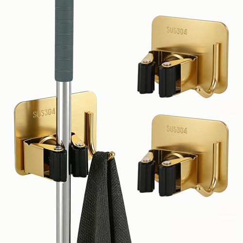 Blueden Mop and Broom Organizer Wall Hanging No Drill,Metal Utility Tool Hangers Wall Mountable,Garage Closet Organizer Heavy,Storage Rack Self Adhesive 2Pcs for Bathroom, Kitchen, Office,Laundry.Gold