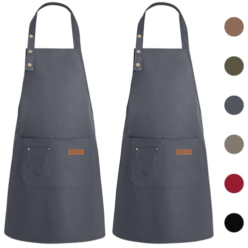 WENYA 2 Pack Kitchen Apron for Women, Unisex Adjustable Cooking Apron with Pockets, Canvas Waterproof Apron for Home Kitchen, Restaurant, Coffee House