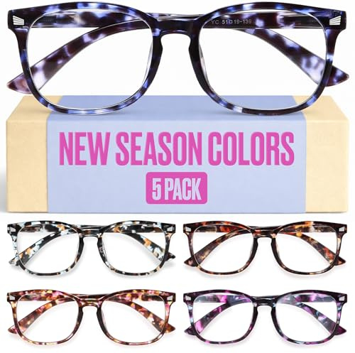 CCVOO +1.25 Clear Vision Reading Glasses for Women – 5-Pack Blue Light Filtering Readers with Spring Hinges