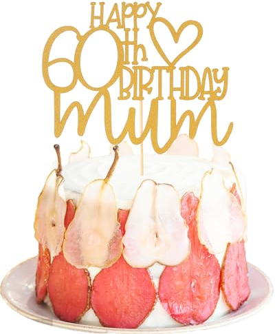 Happy 60th Birthday Mum Cake Topper - Happy Mothers Birthday Party Decorations Gold Glitter， 60th Birthday Cake Decoration