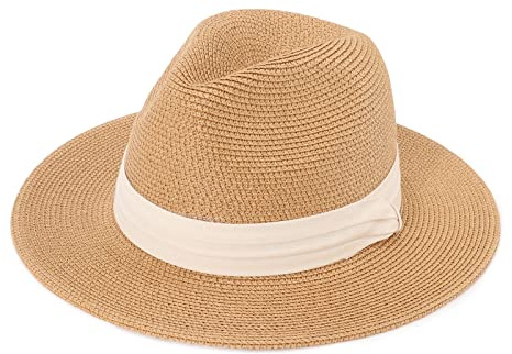 DRESHOW Damen Panama Hut Fedora Strand Sonnenhut Breiter Rand Stroh Aufrollen Hut UPF 50+