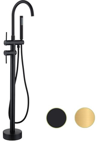 Senhozi Freestanding Tub Faucet - Matte Black Floor Mounted, 360 Degree Swivel Gooseneck Filler with Hand Shower Mixer Tap. SE-3001-BK