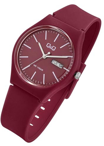 Q&Q by Citizen Herren Armband Uhr Bordeaux Rot Analog Datum & Tag Kunststoff Silikon Quarz 10ATM Mode Männer 9A212J011Y