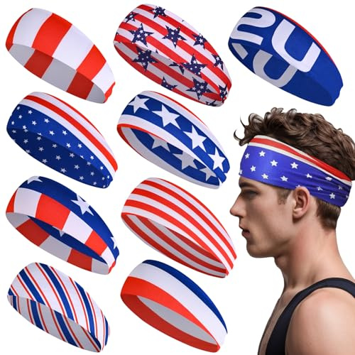 Men's 9-Pack Sports Sweatbands - Wide Stretchy Headbands for Running, Cycling, Football, Basketball, Yoga, and Workouts (Flag Style)