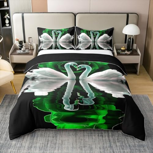 Coton Cygne Blanc Housse de Couette,Ensemble de Literie Rose Verte,Birds Wildlife Parure de Lit Enfants Garçon Fille Adolescent,Ensemble de Literie Fleur Romantique 240 x 260 Chambre Décor Légère