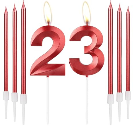 mciskin Red 23 Birthday Candles-3D Design Number 23 Candle for Cake with 6pcs Long/Thin Candles Set, Red Cake Topper for Girl 23th Birthday Decorations Supplies,23th Wedding Anniversary Decorations