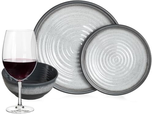 Vaisselle de camping en mélamine pour 4 personnes Gris pierre + 4 verres à vin rouge Timo Service de table pique-nique BBQ