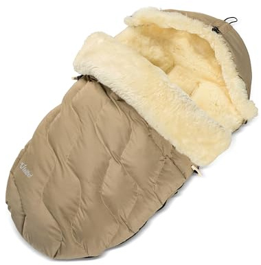 Fellhof® Lammskinn fotsack barnvagn WINTERBERG, OEKO-TEX® certifierad, 50 x 98 cm, vind- och vattentät, allroundmodell, med steglöst justerbara bältesspår, tvättbar upp till 30 °C, beige