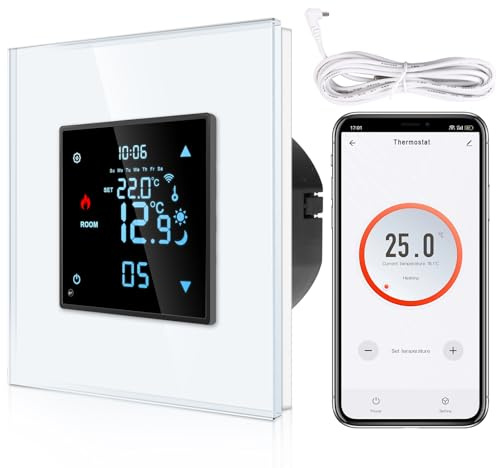 CNBINGO Smart termostat infälld med givare, digital rumstermostat för vatten, golvvärme och panna, kompatibel med Alexa och Google Assistant, röststyrning, vit med glasram