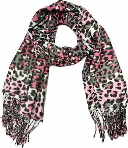 Sciarpa XXL leopardata in cotone con frange Leo, Colore: rosa., 190 x 68 cm