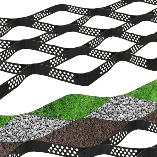 6.5 x 16.5 Ft Gravel Ground Grid, 2 Thick Plastic Geo Grid Driveway Stabilizer with 10 Heavy Duty Geogrid for Walkway Slope Driving Garden Landscaping Parking Lots, Black