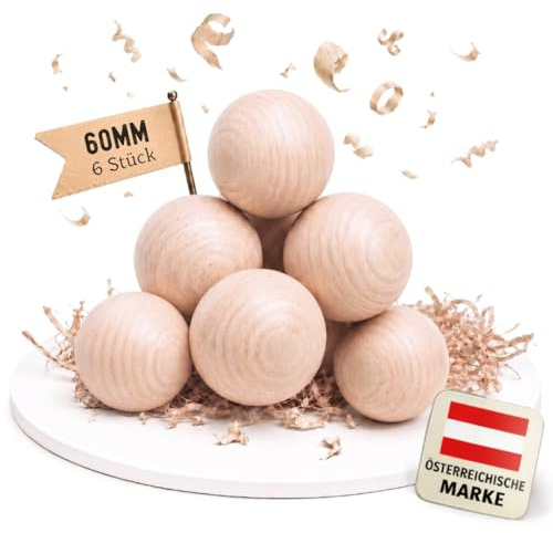 EV® Holzkugeln ohne Loch - 6 Stück 60mm Durchmesser - Made in Austria | Große Holzperlen ohne Bohrung - Gedrechselt aus Hochwertigem Buchenholz - Ideal für Basteln, DIY & Deko