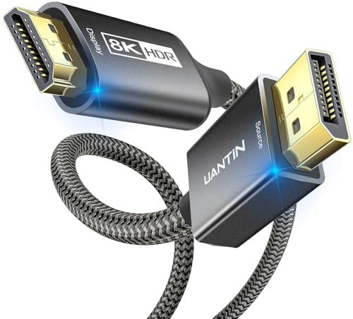 UANTIN Cable DisplayPort a HDMI 8K (8K a 60Hz, 4K a 120Hz, 2K a 144Hz) 3FT DP 1.4 (fuente) a HDMI 2.1 (pantalla) Cable trenzado unidireccional para puerto de visualización compatible con