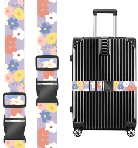 2 Stück Koffergurt, Kofferband Einstellbare, Personalisierter Gepäckgurt mit Verschließbarer Schnalle für Koffer Gürtel Reisetasche, Bunte Blumen