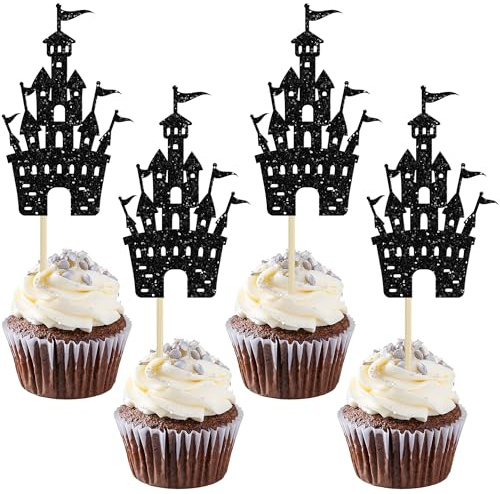 Gyufise 24Pcs Castle Cupcake Toppers Princess Cupcake Toppers Birthday Party Decorations Queen Castle Cupcake Picks for Princess Birthday Baby Shower Party Cake Decorations Supplies Black
